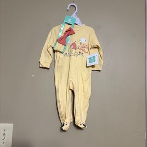 Disney Baby Girl Yellow Winnie the Pooh Zip up Footed Sleeper with Bow 3-6M